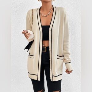 Large SHEIN v-nevk faux pearl button long contrast cardigan Cream Black Trim